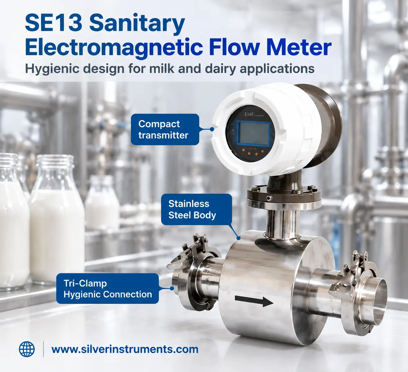 silver automation instruments SE13 sanitary flow meter for milk processing