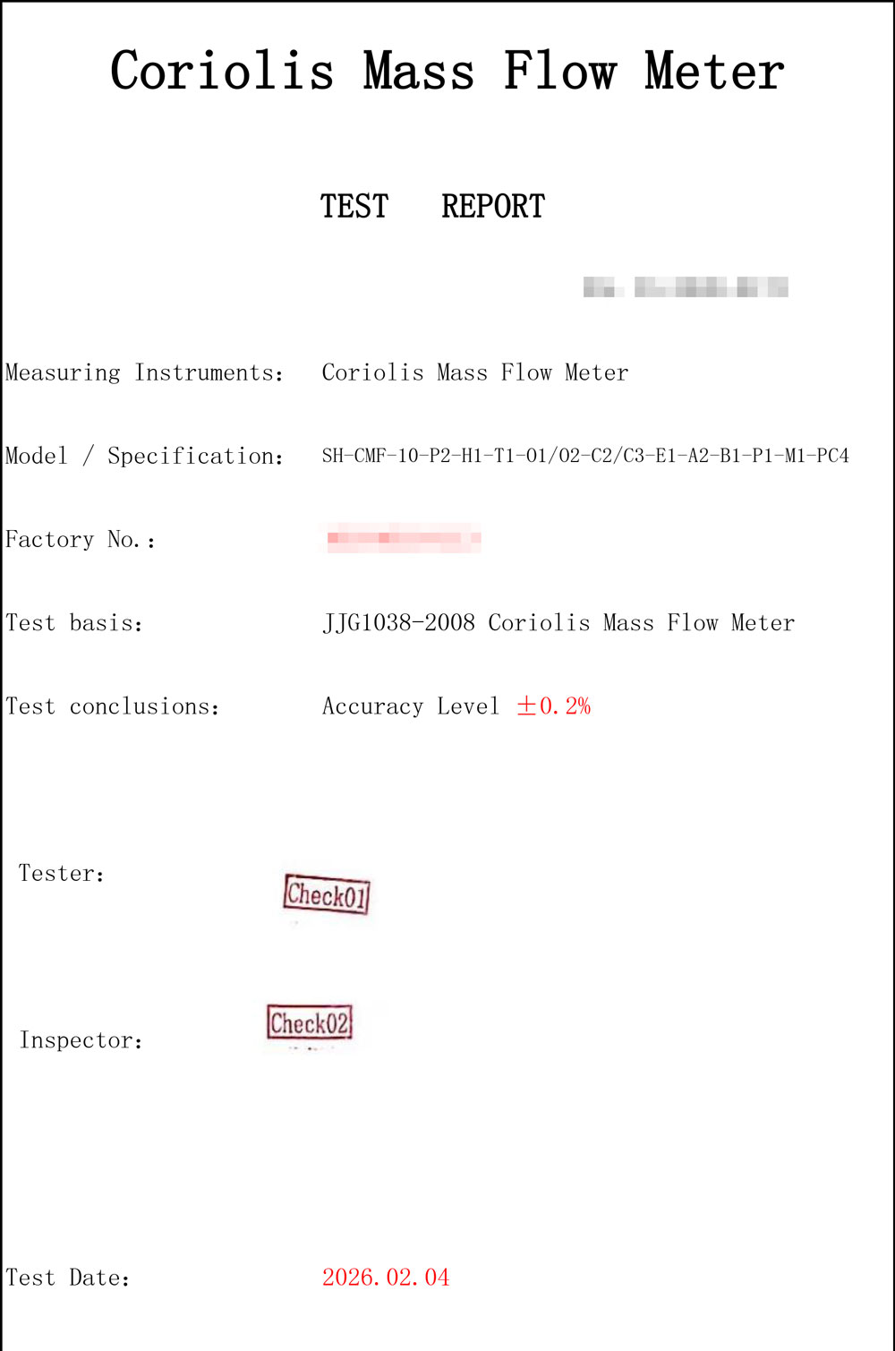 calibration report of coriolis flow meter DN10 1